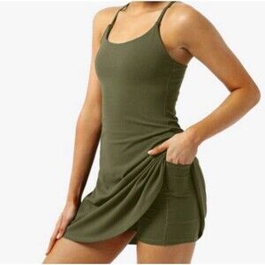 Nicole Miller Sport Women Green Built In Padded Bra Dress Media pocket NWT Sz L